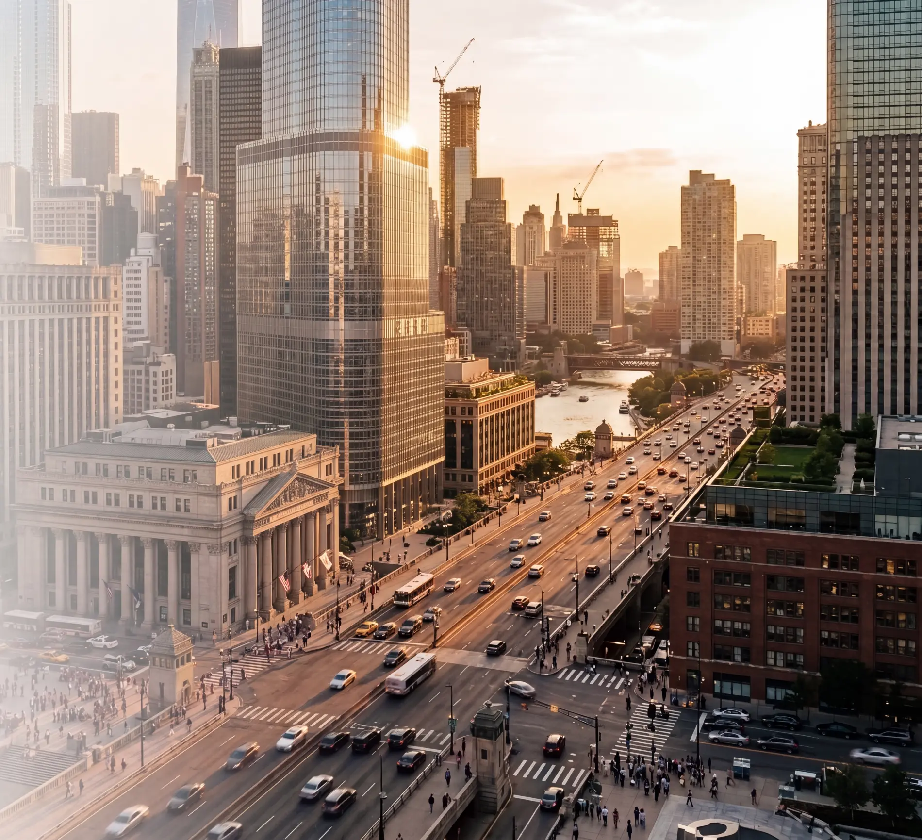 A downtown riverfront at sunset, seen from above
