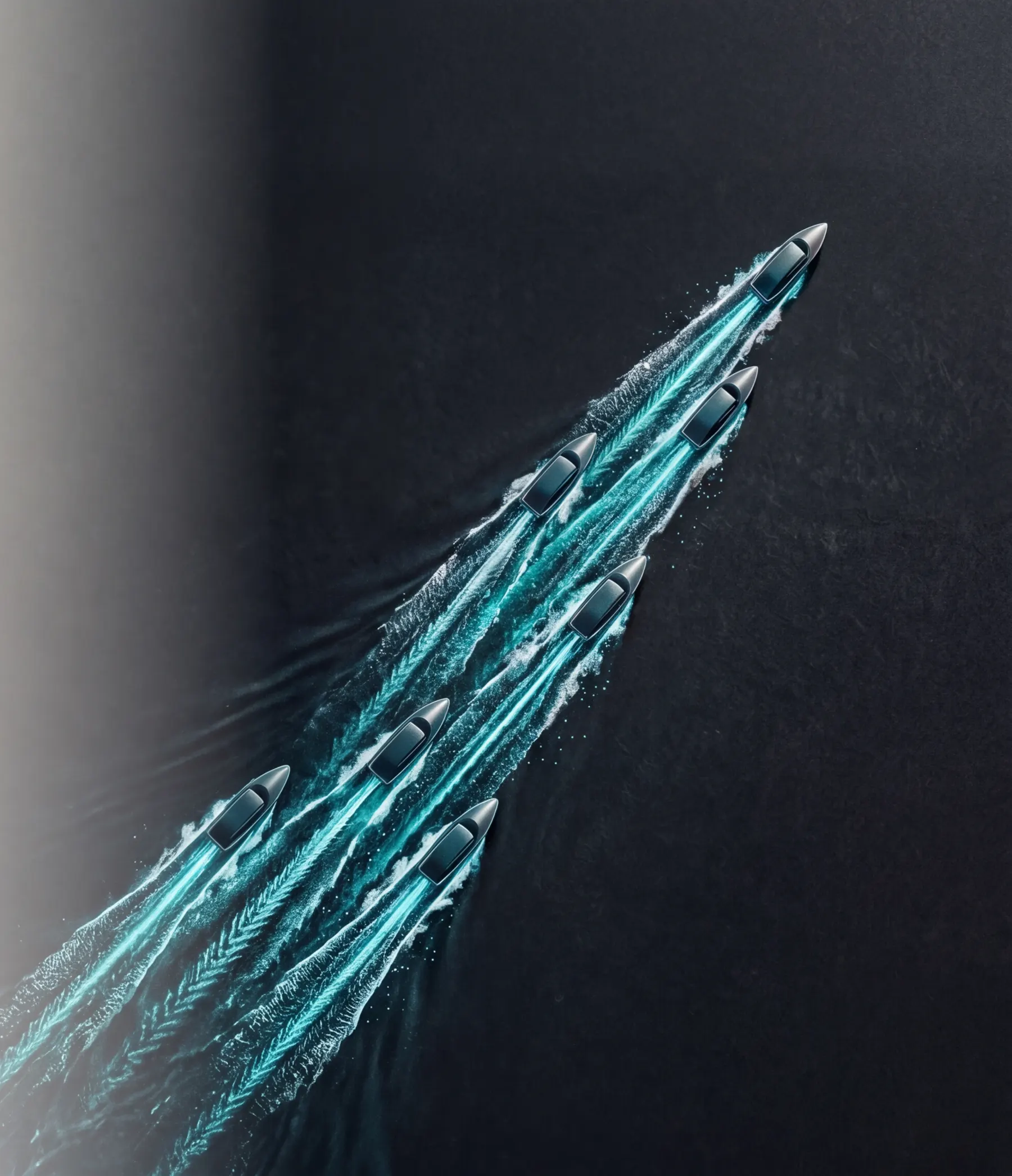 Aerial view of a fleet of boats moving fast in formation across dark water